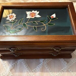 Vintage Style Mele Jewelry Box Wood Glass Lid Floral Trinket Box